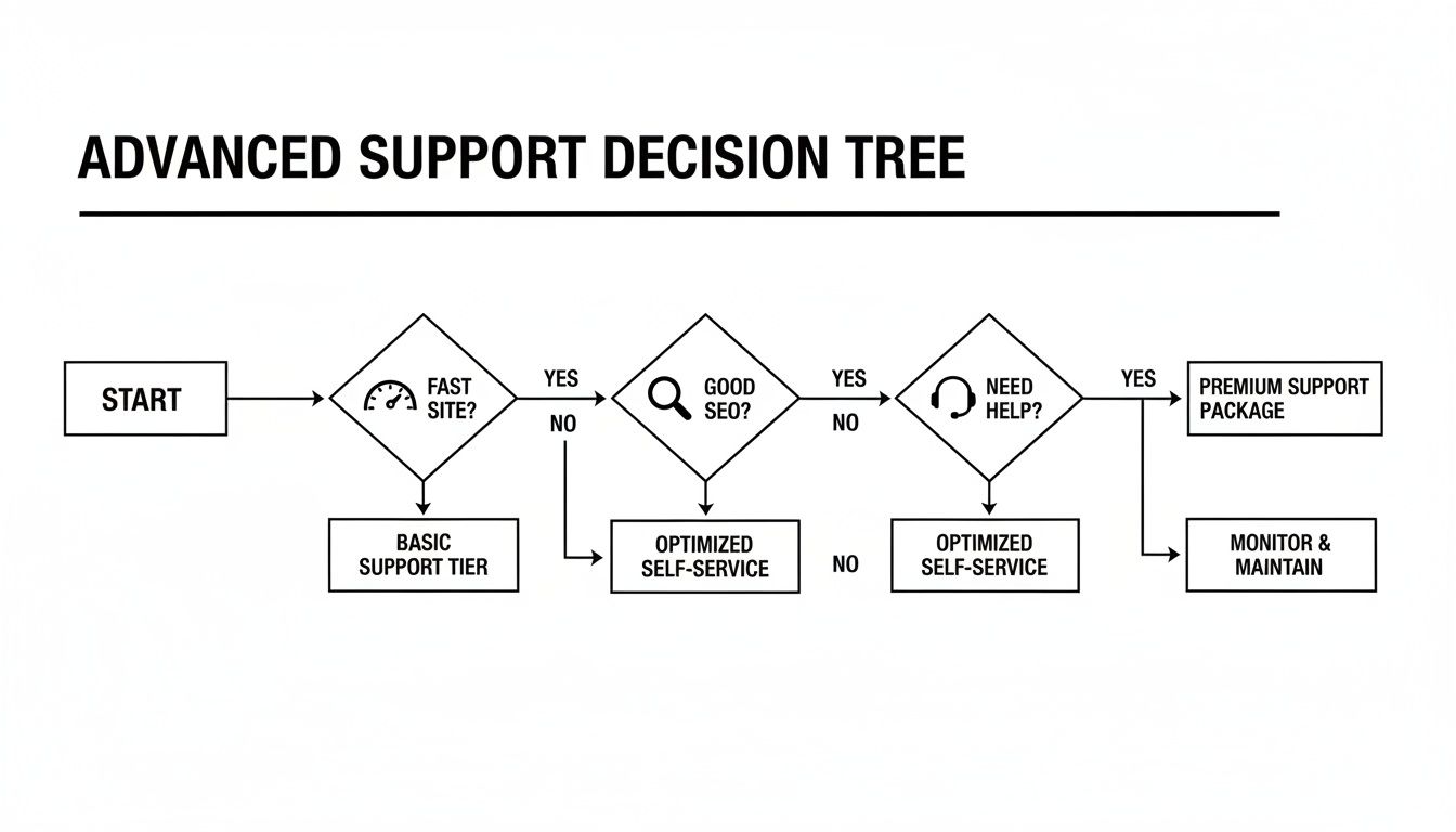Flowchart showing an advanced support decision tree for website performance and maintenance tiers.
