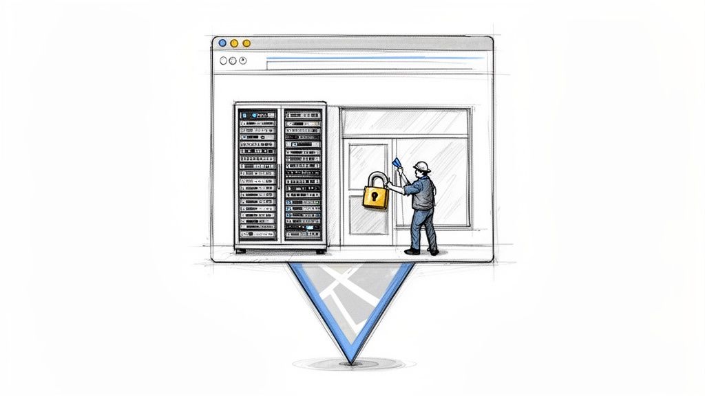 A worker securing a server and website with a padlock, emphasizing hosting and physical location.
