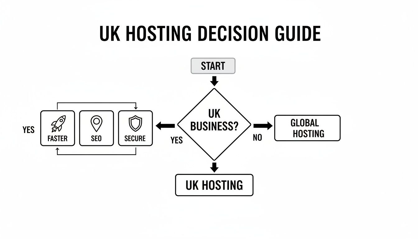 Flowchart illustrating the UK hosting decision guide, evaluating business location and hosting benefits.