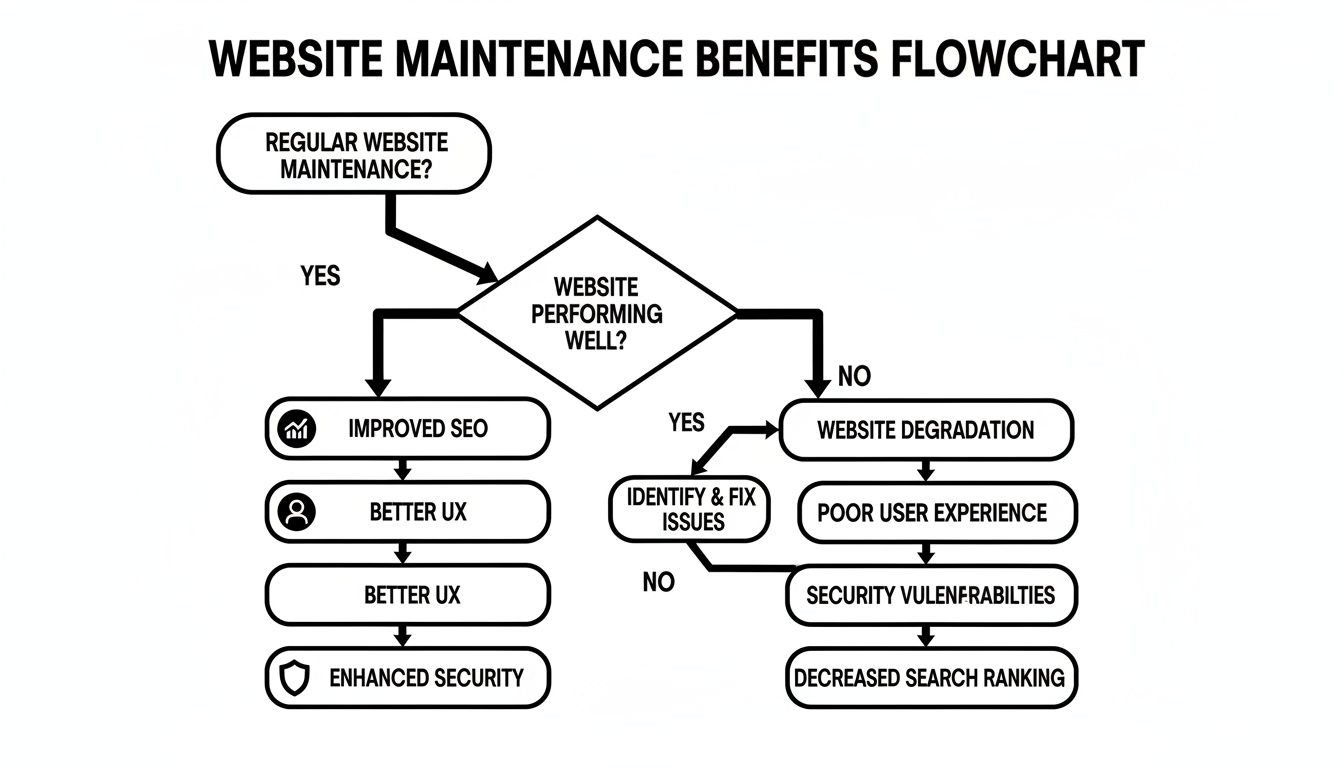 Website maintenance benefits flowchart showing improved SEO, user experience, and enhanced security, versus degradation and vulnerabilities.