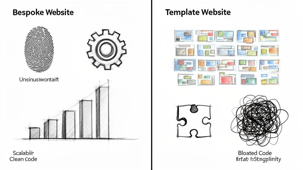 Visual comparison between bespoke websites (custom design, scalability, clean code) and template websites (generic layouts, bloated code).