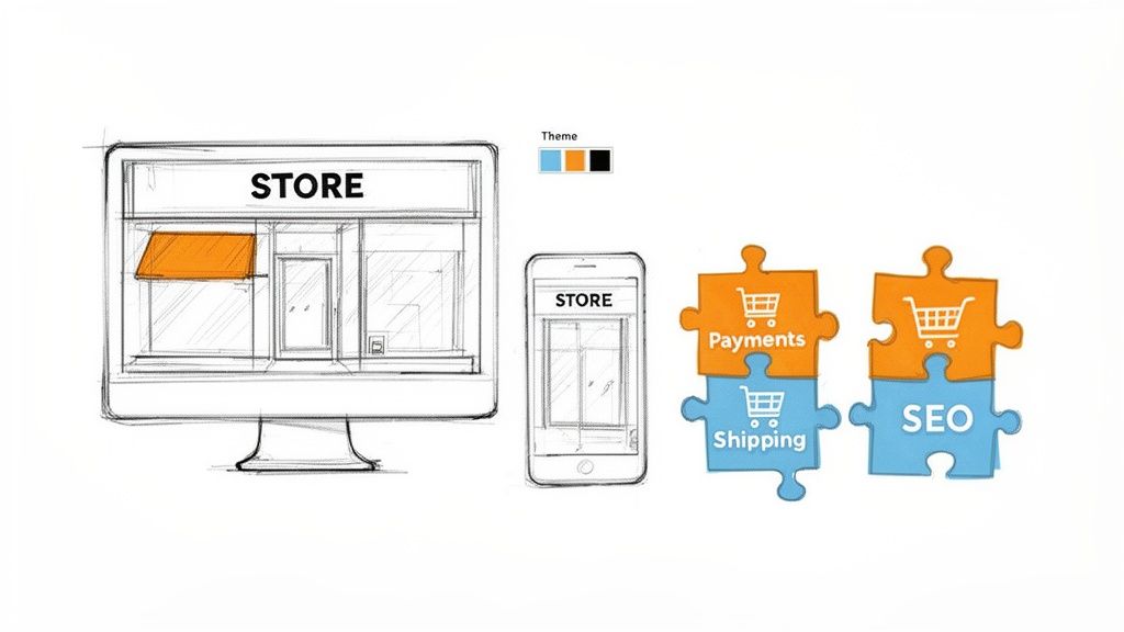 A diagram illustrating WooCommerce website development, showing desktop/mobile stores, theme options, payments, shipping, and SEO.