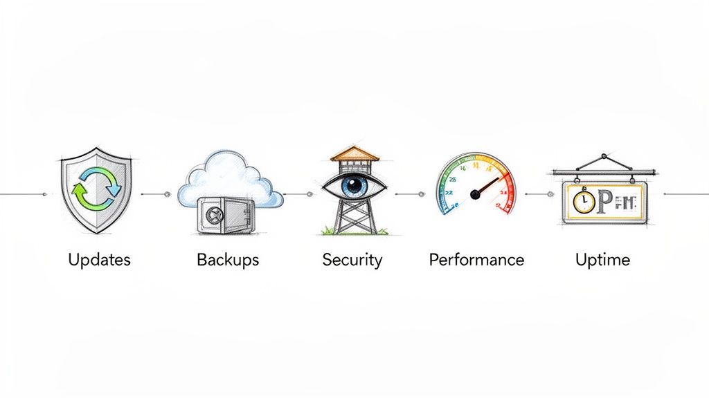 A diagram illustrating five key website maintenance elements: updates, backups, security, performance, and uptime.
