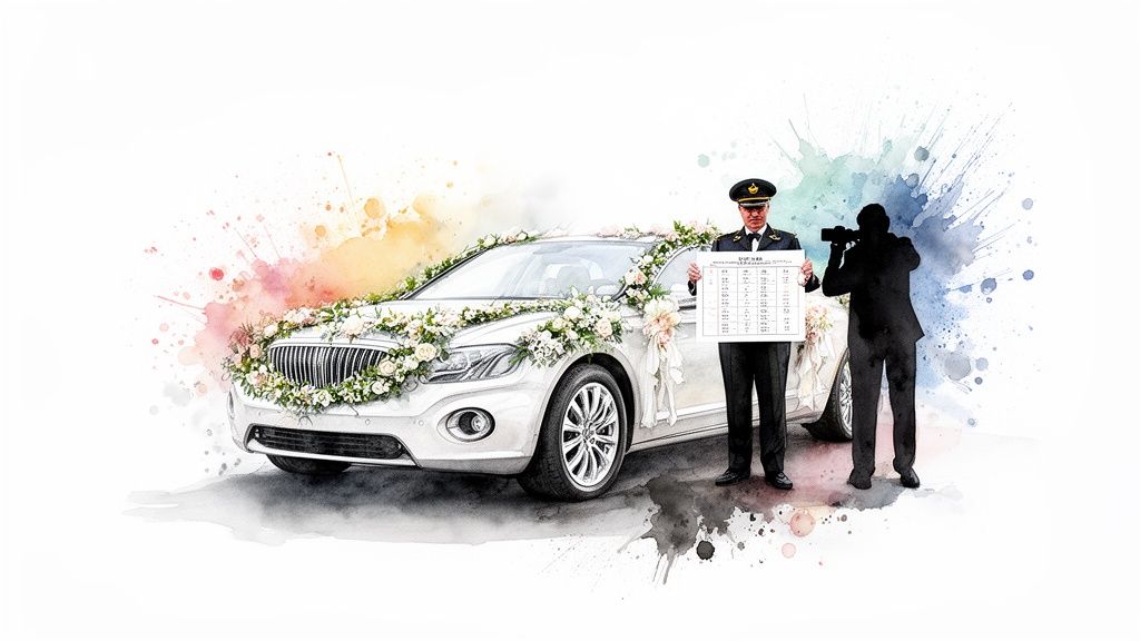 A decorated white wedding car, a uniformed chauffeur holding a sign, and a photographer in watercolor art.