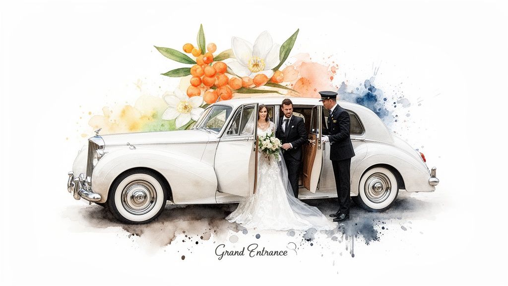 A bride and groom elegantly exit a classic white wedding car, assisted by a chauffeur.