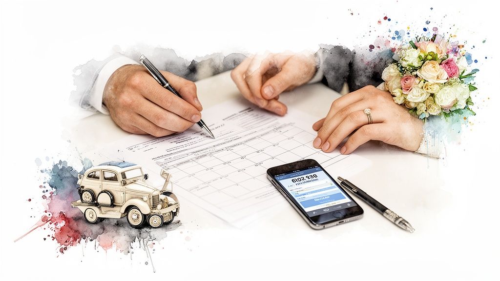Couple's hands signing wedding documents and planning, with a vintage car toy and smartphone.