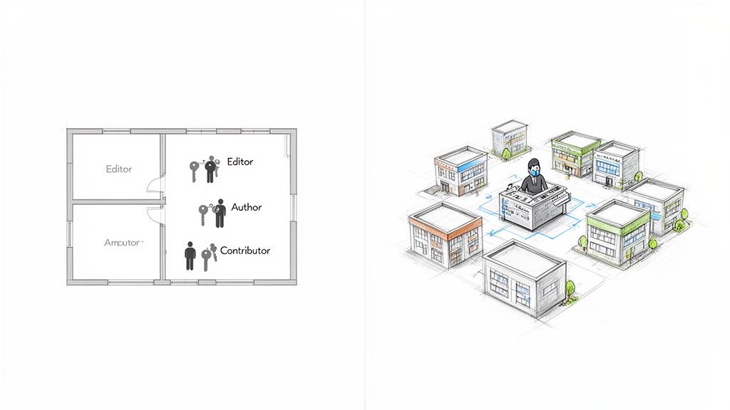 Visual representation of user roles with access keys and a central system connected to multiple buildings.
