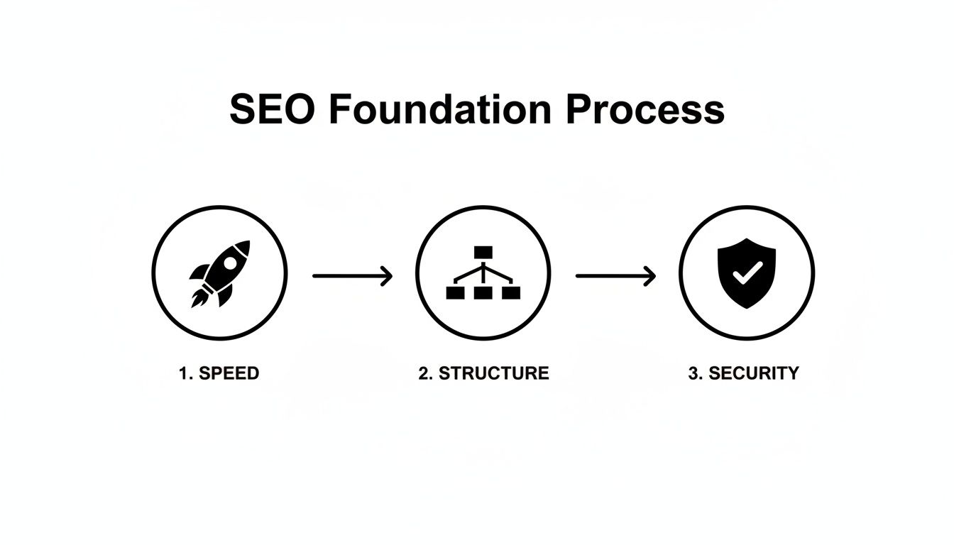 Diagram illustrating the SEO Foundation Process with steps for speed, structure, and security.