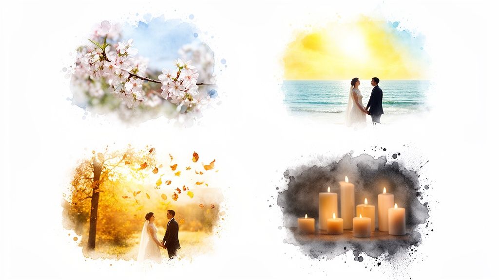 Four watercolor images: spring cherry blossoms, summer beach wedding, autumn leaves, and winter candles.