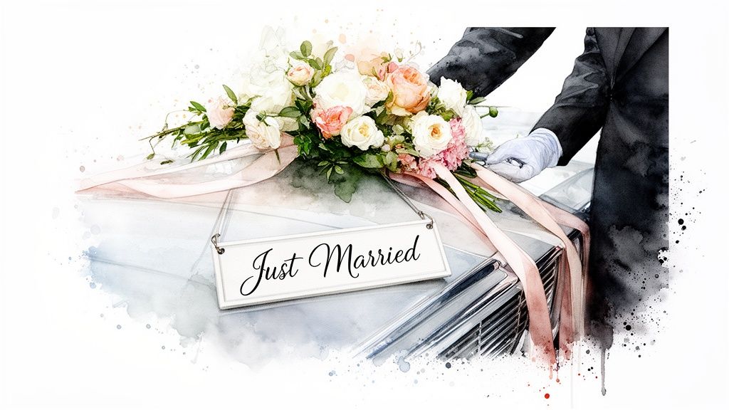 Elegant wedding car decorated with a "Just Married" sign, white and peach flowers, and ribbons, in watercolor style.