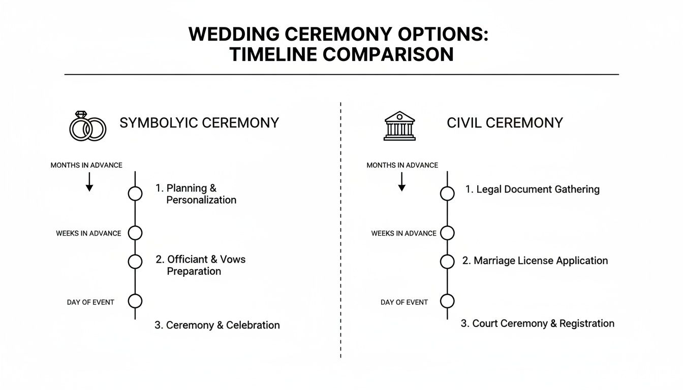 A timeline comparison chart detailing steps for symbolic and civil wedding ceremonies from planning to event day.