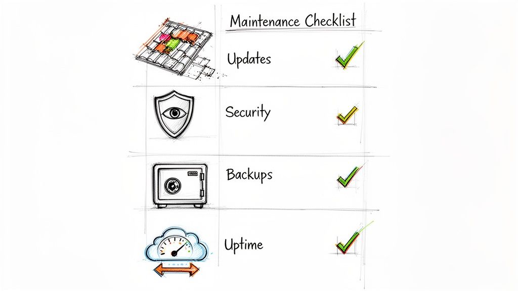 Hand-drawn website maintenance checklist with updates, security, backups, and uptime tasks checked.