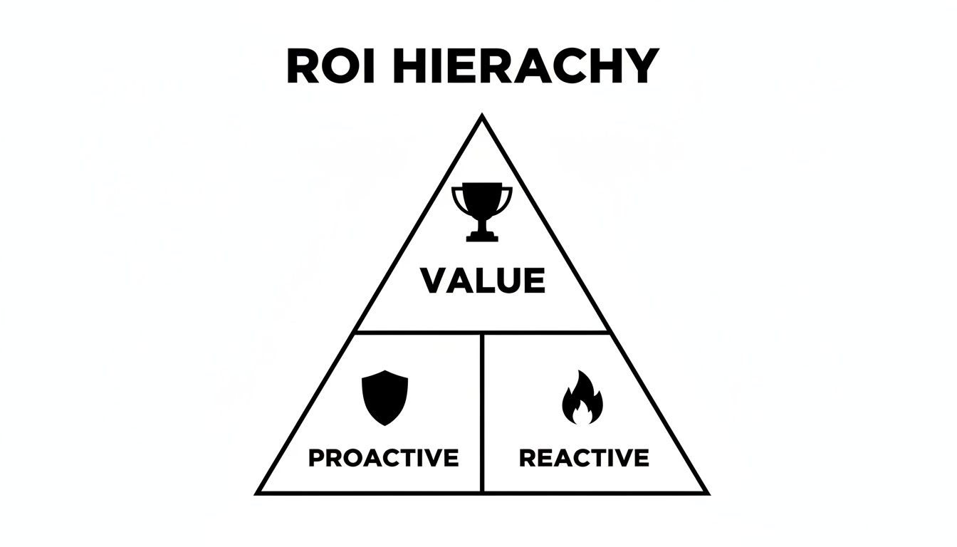 A diagram illustrating the ROI Hierarchy with Value at the top, Proactive and Reactive at the base.