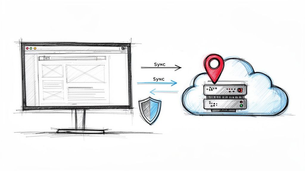 A sketch illustrates a computer syncing data with a cloud server, emphasizing security with a shield.