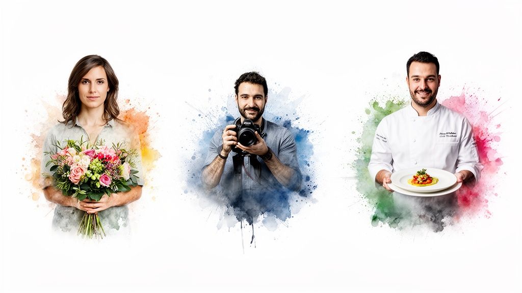 Portraits of a florist, a photographer, and a chef, each with vibrant watercolor backgrounds.