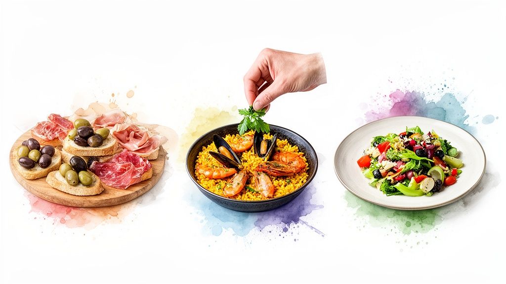 A vibrant culinary spread featuring appetizers, seafood paella, and a fresh garden salad on a white background.