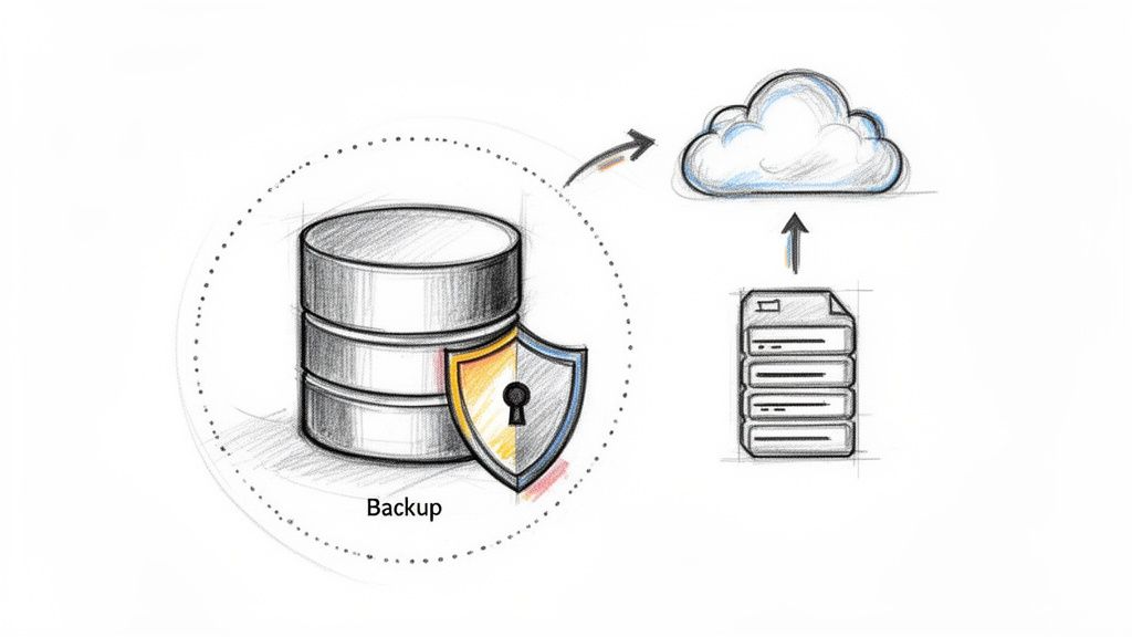 A sketch illustrating secure database backup, protected by a shield, being sent to cloud storage.
