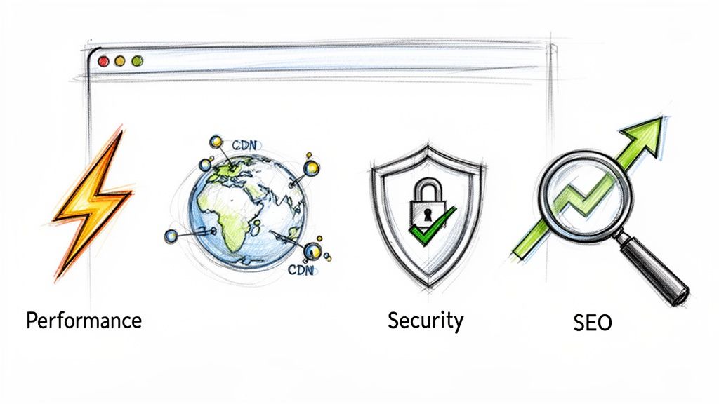 Illustrations showing website development concepts: speed, global content delivery, security with a shield, and SEO growth.