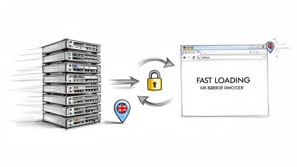 Servers providing fast and secure website loading with UK hosting and encryption.