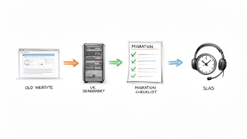 A diagram showing website migration from an old site to a UK server with a checklist leading to support.