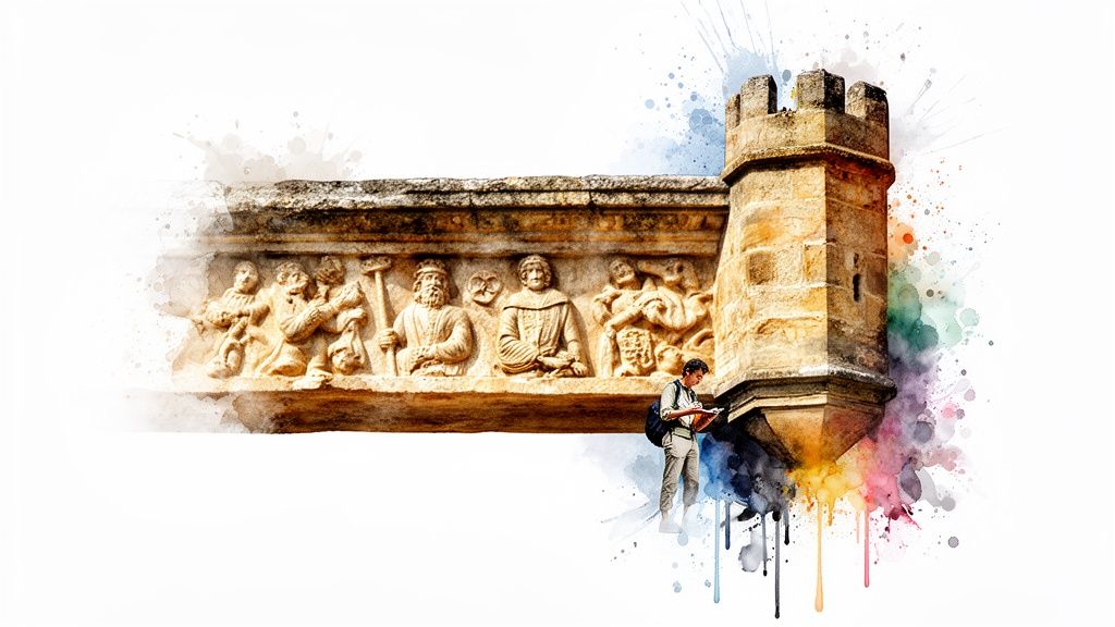 Watercolor painting of a historical stone building with carved figures and a tower, a person studies nearby.