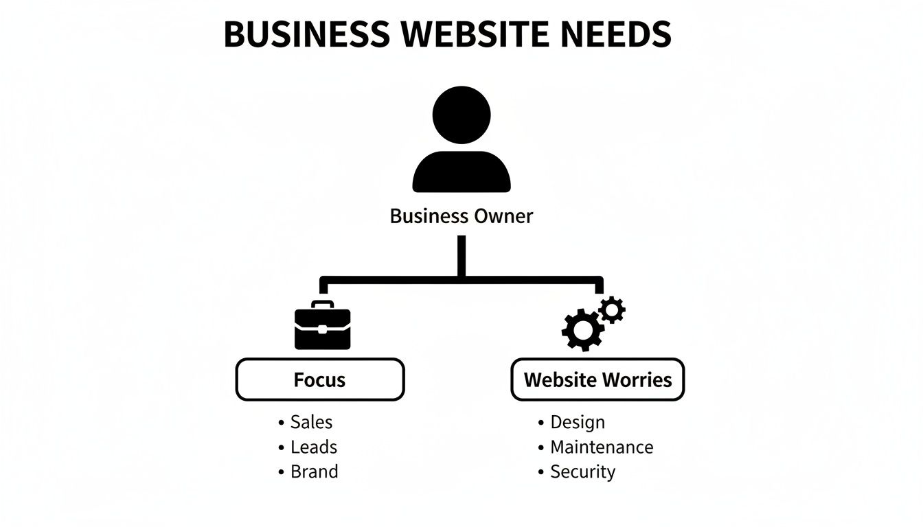 Diagram illustrating a business owner's focus (sales, leads, brand) and website worries (design, maintenance, security).