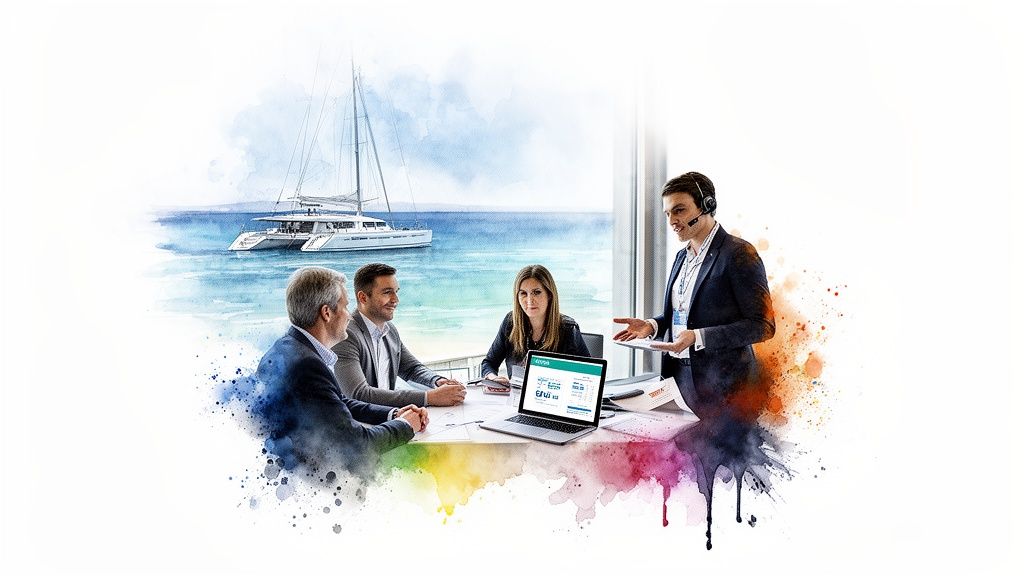Professionals in a business meeting, one presenting, with a watercolor catamaran and ocean background.