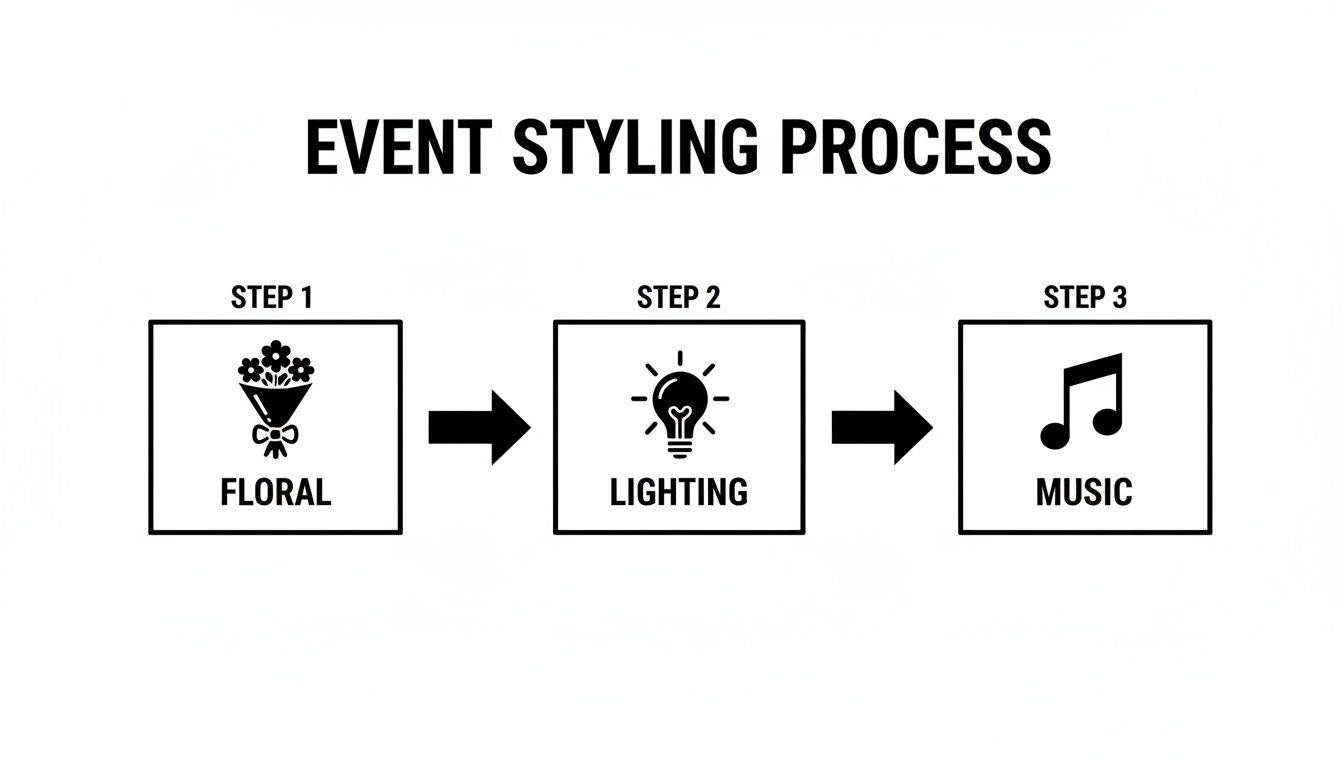 Infographic illustrating the three-step event styling process: floral, lighting, and music.