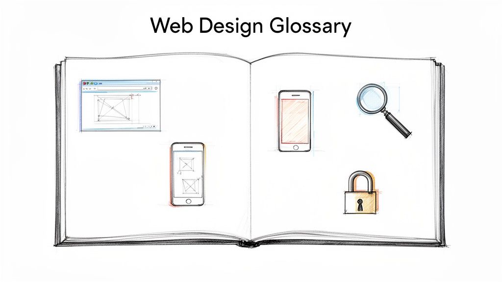 An open book titled 'Web Design Glossary' displays sketches of browser windows, smartphones, a magnifying glass, and a padlock.