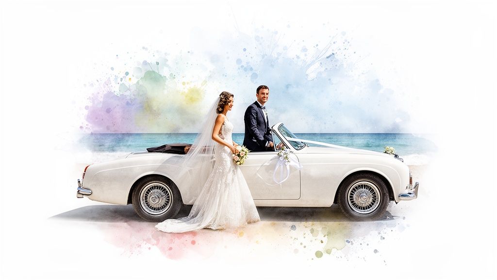 Smiling newlyweds with a classic white convertible car decorated for their beach wedding.