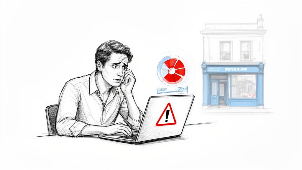 A man looks worried at a laptop showing a warning sign, with a struggling business in the background.