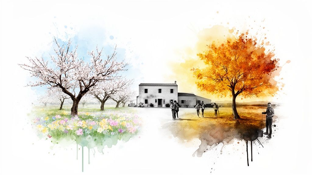 Watercolor illustration of a house with people, split between vibrant spring blossoms and warm autumn foliage.
