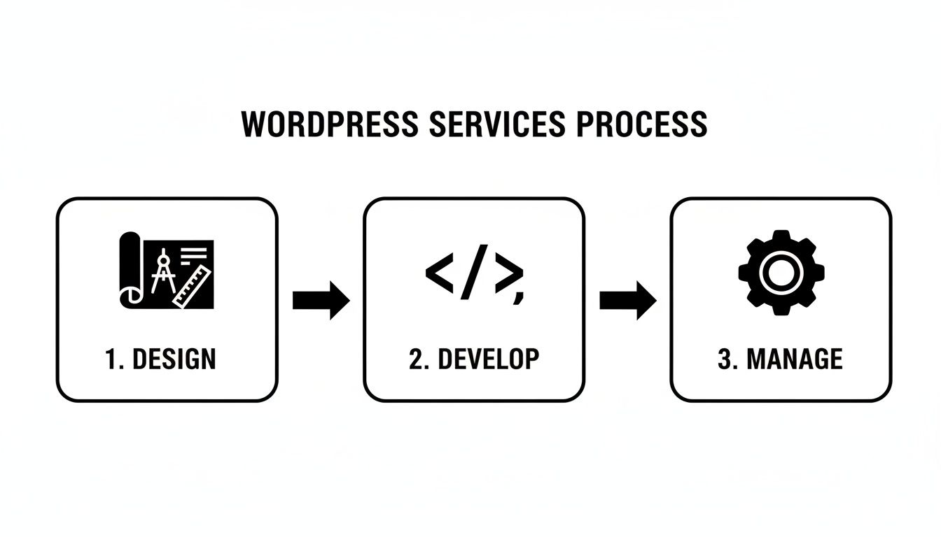 Infographic outlining the three-step WordPress services process: design, develop, and manage with icons.