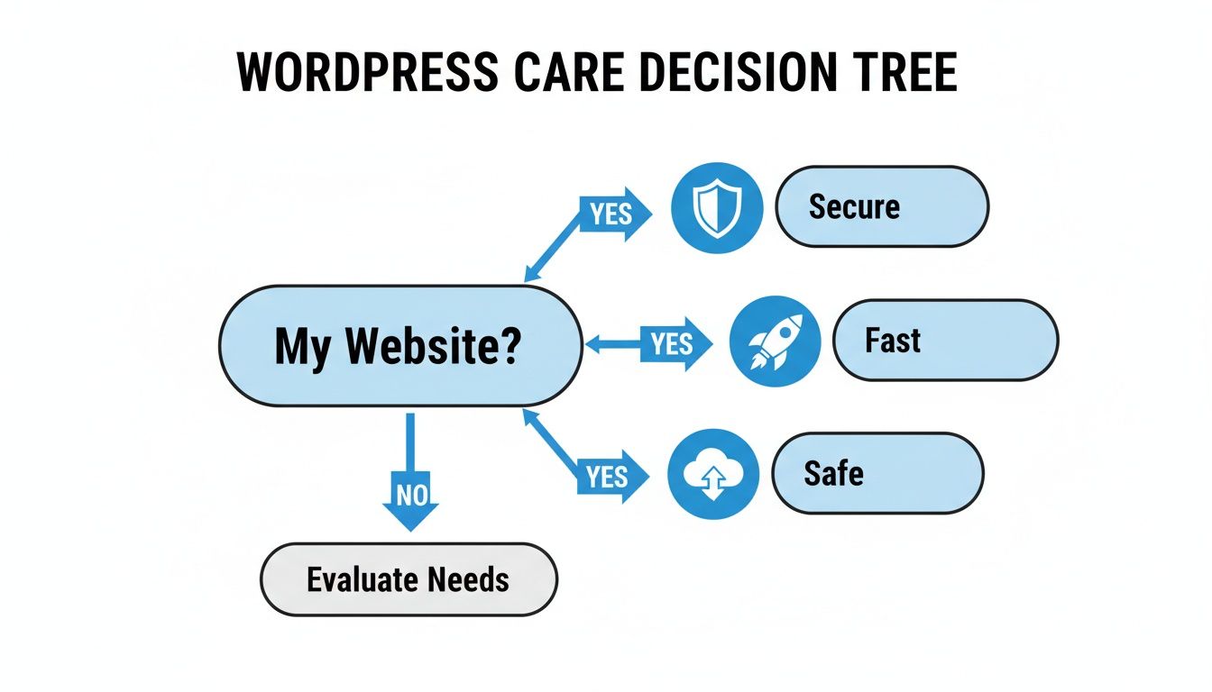 A WordPress care decision tree flowchart asking 'My Website?' leading to secure, fast, and safe options or evaluating needs.