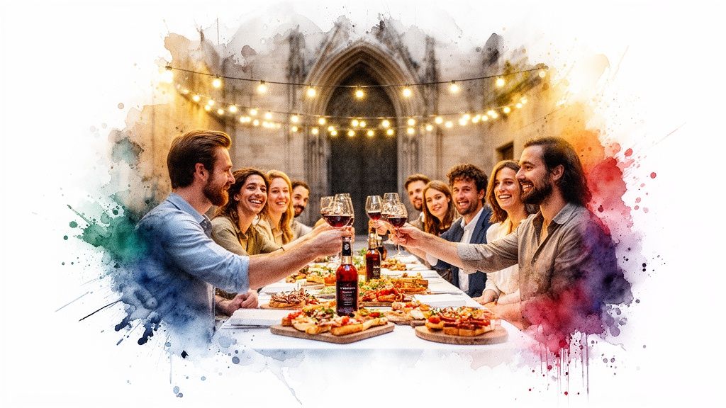 Smiling friends toasting with red wine at an outdoor dinner party under string lights and an archway.