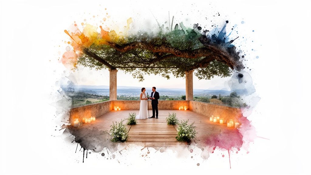 A newlywed couple at an outdoor wedding ceremony under a leafy canopy, surrounded by candles and scenic views, with a watercolor artistic effect.