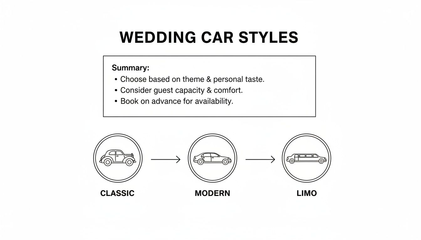 Infographic showing different wedding car styles: classic, modern sedan, and limousine, with booking tips.