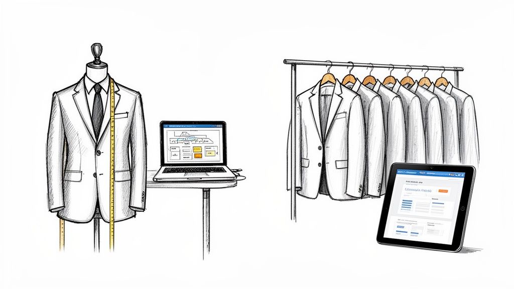 Sketch illustration showing a suit on a mannequin, a laptop, several suits on a rack, and a tablet.