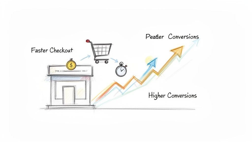 Hand-drawn diagram showing faster checkout with shopping cart and stopwatch leading to higher e-commerce conversions.