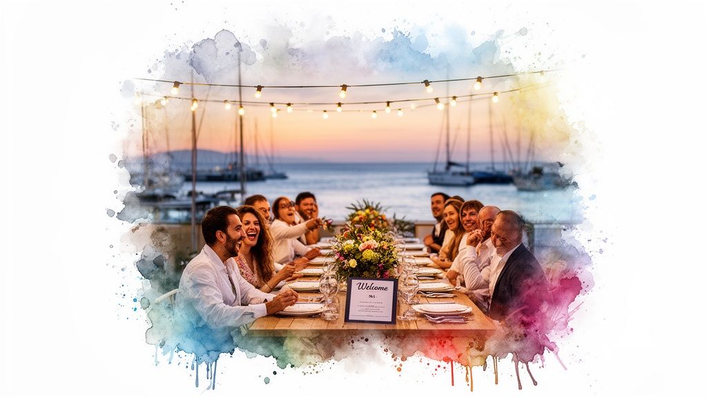 Happy people enjoying an outdoor dinner party by the sea at sunset with string lights.
