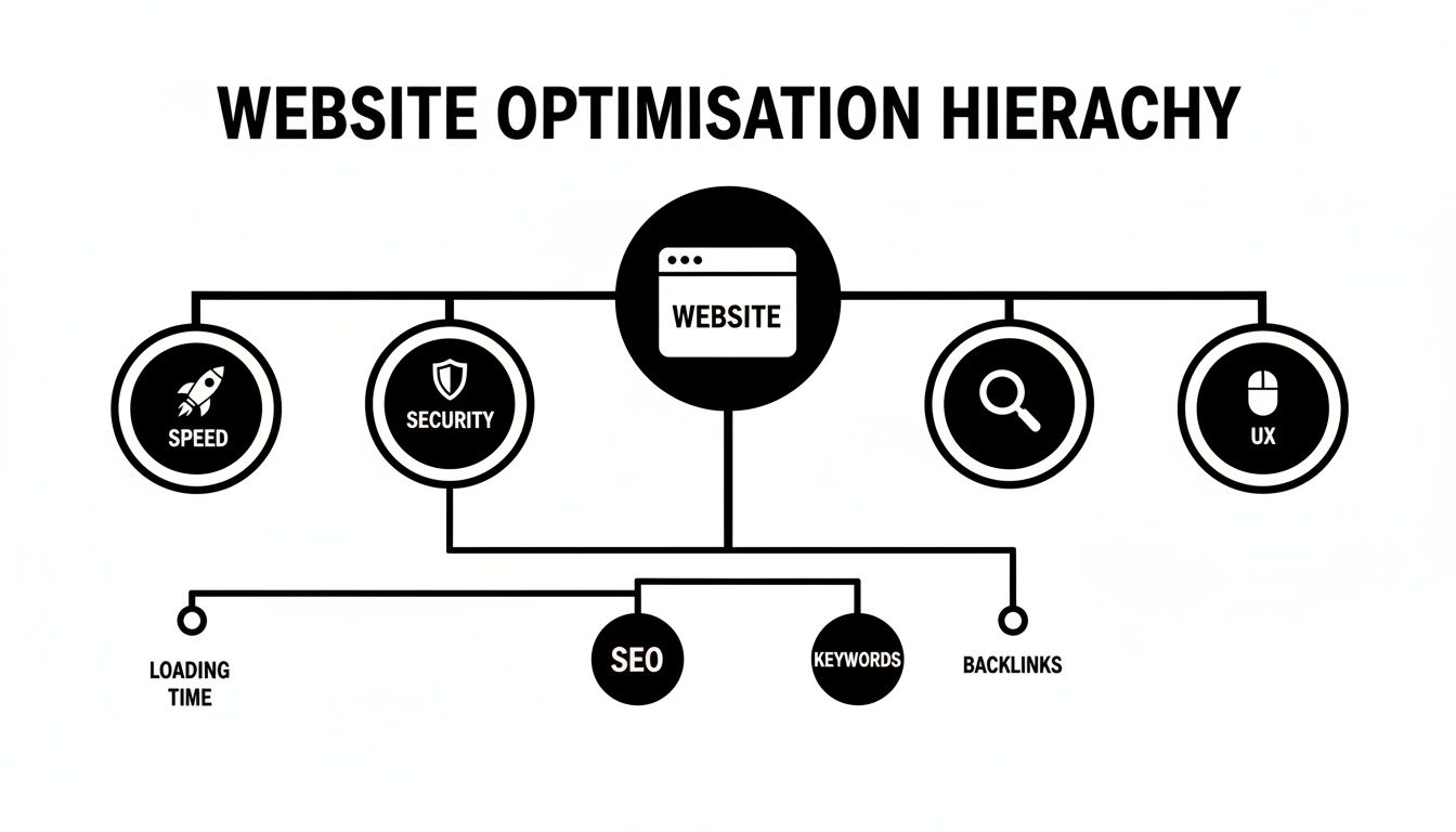 A hierarchical chart illustrating website optimization factors like speed, security, SEO, keywords, backlinks, and UX.