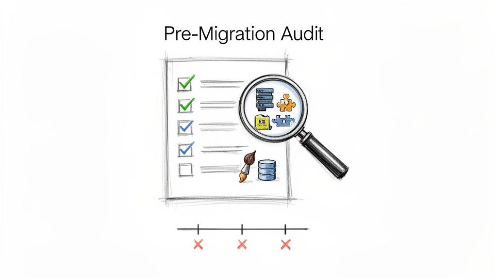 Illustration of a pre-migration audit checklist with a magnifying glass examining server and database components.