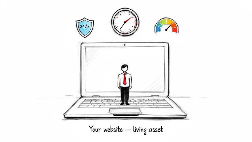 Laptop with icons for 24/7 security, time, and performance, depicting a website as a living asset.