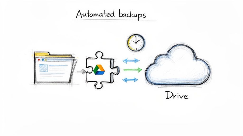 Illustration of automated backups, showing files moving from a folder to Google Drive cloud storage.
