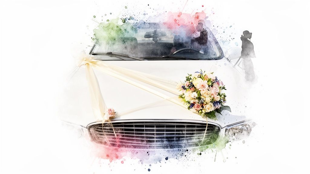 A white wedding car adorned with a beautiful floral bouquet and elegant ribbons, watercolor style.