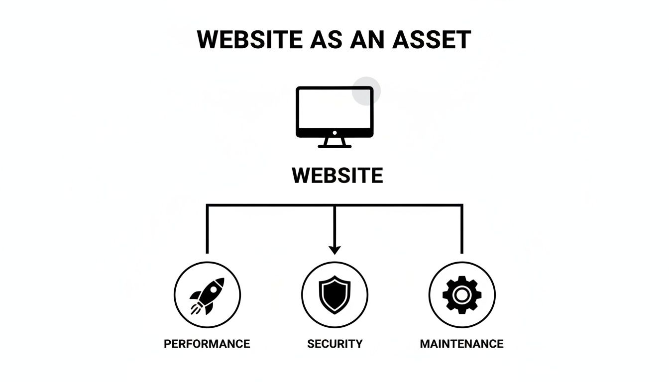 Diagram illustrating a website as an asset, detailing key aspects: performance, security, and maintenance.