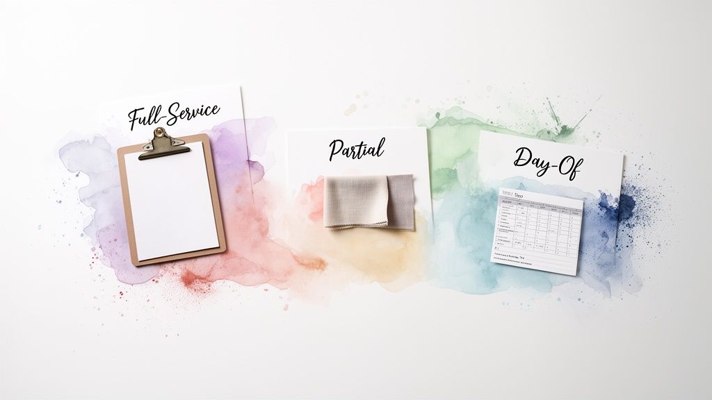 Three cards represent wedding planning services: Full-Service with clipboard, Partial with fabric, Day-Of with schedule.