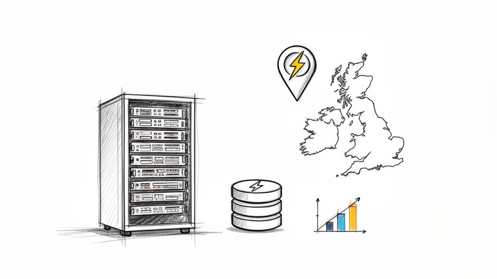 Sketch depicting a server rack, map of UK/Ireland, location pin, data stacks with lightning bolts, and a bar chart showing growth.