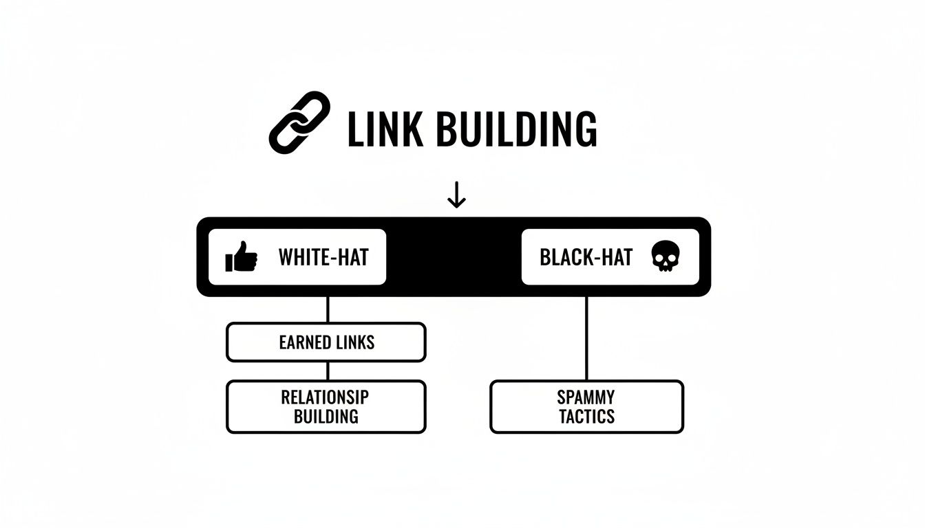 Flowchart illustrating link building strategies, differentiating between ethical white-hat methods and unethical black-hat tactics.