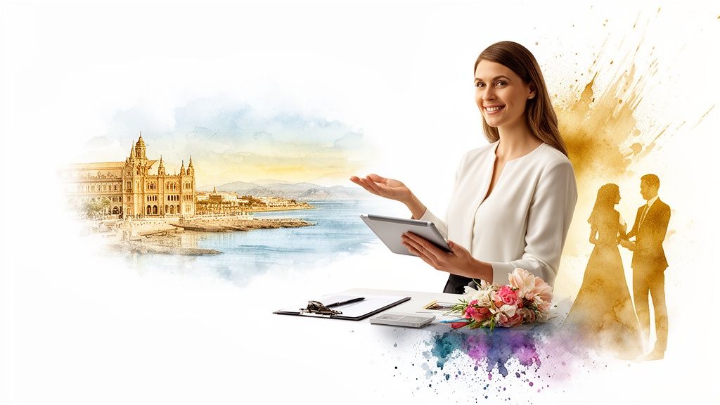 Smiling event planner holding a tablet, showing a beautiful destination and a happy wedding couple.